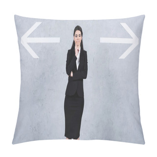 Personality  Pensive Brunette Businesswoman In Suit Standing Near Arrows On Gray  Pillow Covers