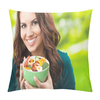 Personality  Young Woman With Salad, Outdoors Pillow Covers