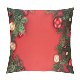 Personality  Flat Lay With Pine Tree Branches With Red And Golden Christmas Balls Isolated On Red Pillow Covers
