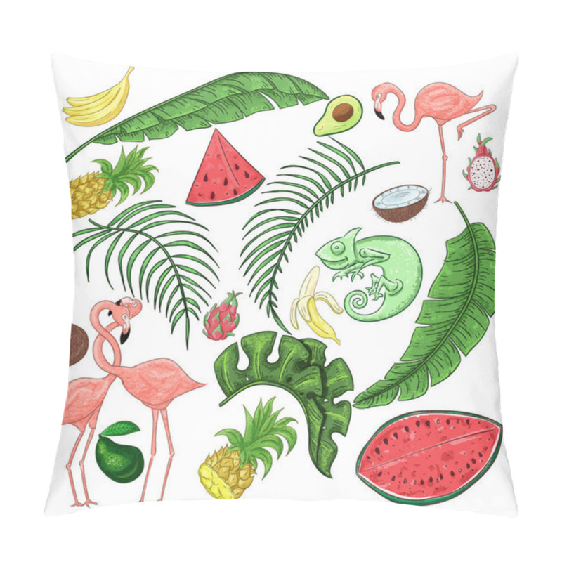 Personality  Tropical Collection For Summer Exotic Leaves, Flamingos And Fruits And Chameleon Pillow Covers