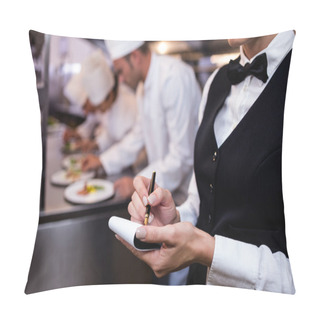 Personality  Waitress With Note Pad In Commercial Kitchen Pillow Covers