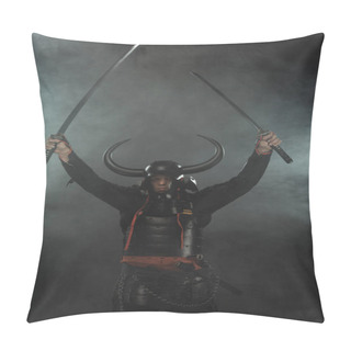 Personality  Samurai In Armor With Dual Katana Swords On Dark Background With Smoke Pillow Covers