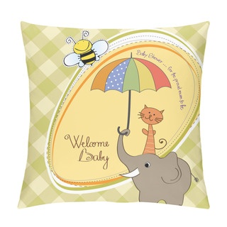 Personality  Baby Shower Card With Funny Elephant And Little Cat Under Umbrella Pillow Covers