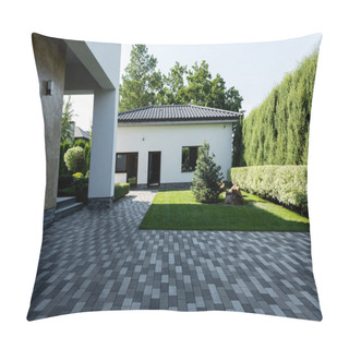 Personality  Facade Of New Modern House With Empty Parking And Green Lawn Pillow Covers