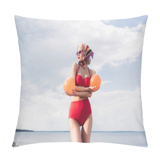 Personality  Fashionable Model In Red Bikini And Silk Scarf Posing With Balls At Sea Pillow Covers