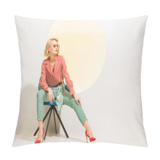 Personality  Beautiful Stylish Young Woman In Colorful Clothes Sitting In Armchair On White With Yellow Circle Pillow Covers