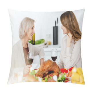 Personality  Senior Smiling Woman With Wine Glass Talking To Adult Daughter At Served Table With Baked Turkey For Thanksgiving Celebration  Pillow Covers