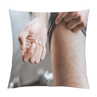 Personality  Cropped View Of Athletic Sportsman Making Forbidden Doping Injection In Leg  Pillow Covers