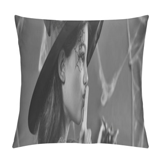 Personality  Cute Little Girl In Halloween Witch Costume And Pointed Hat Showing Shh Black And White Banner Pillow Covers