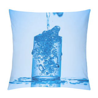 Personality  Toned Image Of Water Pouring In Full Glass On Blue Background With Splashes Pillow Covers