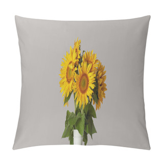 Personality  Bouquet Of Yellow Sunflowers In Vase, Isolated On Grey Pillow Covers