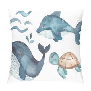 Personality  Cute Whale, Dolphin, Sea Turtle Watercolor Baby Clipart Pillow Covers