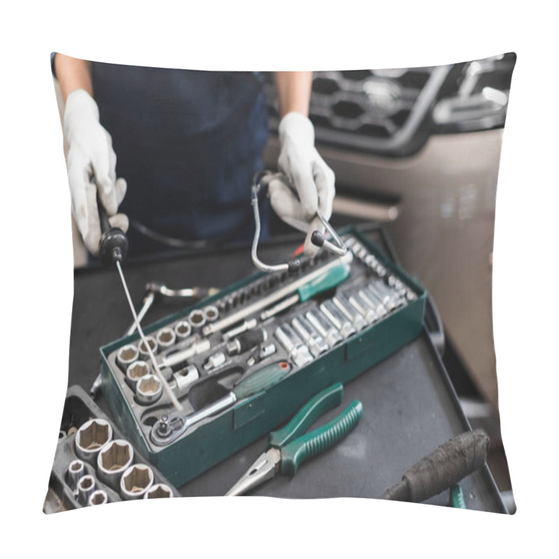 Personality  Close Up View Of Mechanic Hands In Gloves Holding Diagnostic Equipment Near Toolbox In Garage Pillow Covers