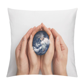 Personality  Top View Of Man And Woman Holding Planet Model On Grey Background, Earth Day Concept Pillow Covers
