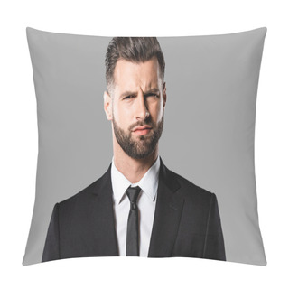Personality  Skeptical Handsome Businessman In Black Suit Isolated On Grey Pillow Covers