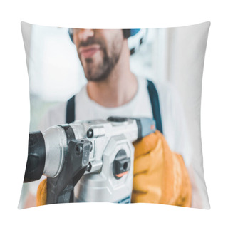 Personality  Selective Focus Of Handyman Using Hammer Drill  Pillow Covers