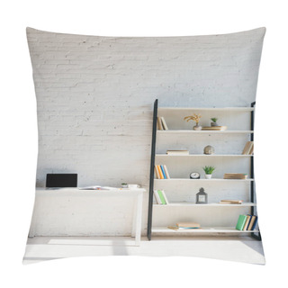 Personality  Home Office With Book Shelf And Laptop On Table In Sunlight Pillow Covers