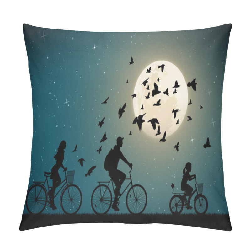 Personality  Family On Bikes On Moonlit Night. Active Rest Of Parents With Child. Vector Illustration With Silhouettes Of Cyclists And Flying Pigeons In Park. Full Moon In Starry Sky Pillow Covers