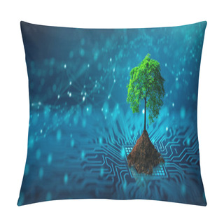 Personality  Tree With Soil Growing On  The Converging Point Of Computer Circuit Board. Blue Light And Low Poly Wireframe Network Background. Green Computing, Green Technology, Green IT, Csr, And IT Ethics Concept. Pillow Covers