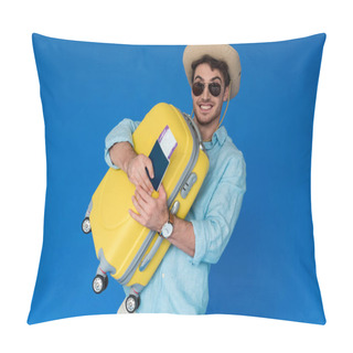 Personality  Excited Traveler In Safari Hat And Sunglasses Holding Yellow Suitcase And Passport With Air Ticket Isolated On Blue Pillow Covers