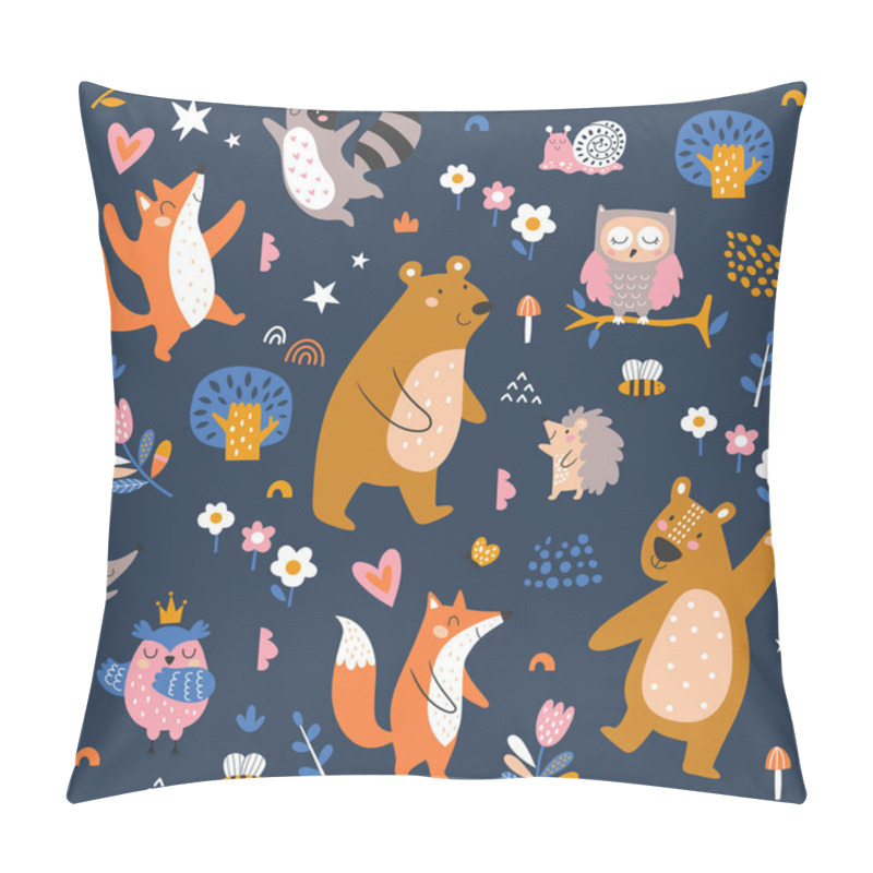 Personality  Seamless Childish Pattern With Cartoon Fox, Bear, Racoon, Owl, Bunny, Mouse And Forest Elements. Creative Kids Texture For Fabric, Wrapping, Textile, Wallpaper, Apparel. Vector Illustration Pillow Covers