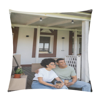 Personality  Smiling African American Man Hugging Girlfriend With Coffee Near Packages On Porch Of New House Pillow Covers