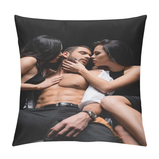 Personality  Sexy Man In Unbuttoned Shirt Sitting On Leather Couch Near Passionate Women Isolated On Black Pillow Covers