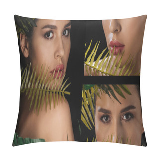 Personality  Collage Of Beautiful Woman Looking At Camera With Fern Leaves On Black, Panoramic Shot Pillow Covers