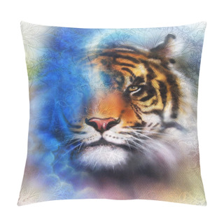 Personality  Tiger Collage On Color Abstract Background And Mandala With Ornament, Painting Wildlife Animals. Blue, Orange, Black And White Color. Pillow Covers