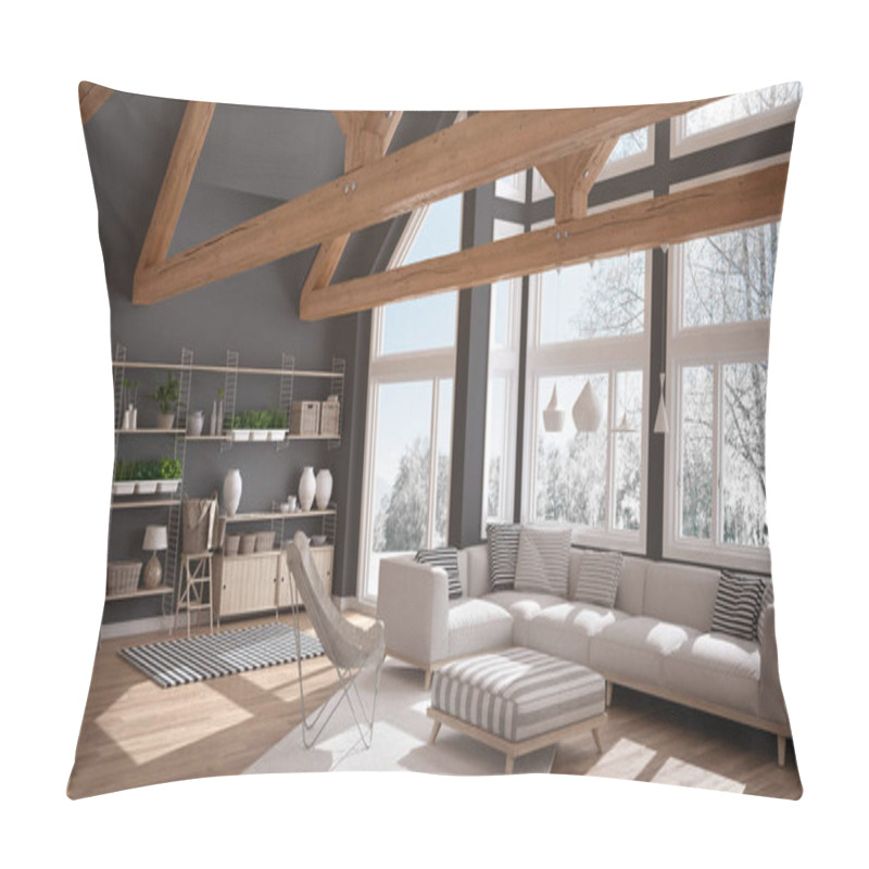 Personality  Living room of luxury eco house, parquet floor and wooden roof t pillow covers