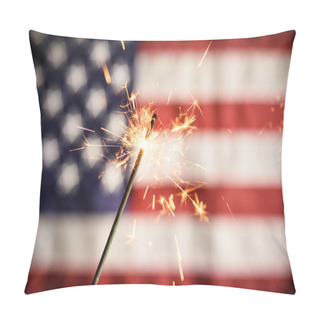 Personality  Sparkler Closeup With American Flag In Background. Celebrating 4th Of July Independence Day Pillow Covers
