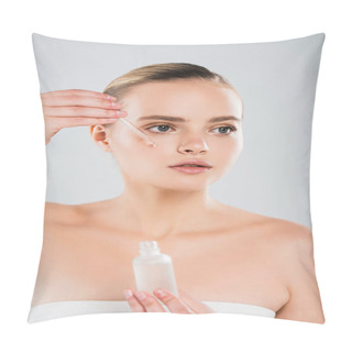 Personality  Attractive Woman Holding Bottle And Pipette While Applying Serum Isolated On Grey  Pillow Covers