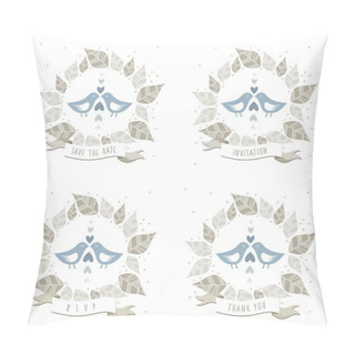 Personality  Little Blue Birds In Love With Hearts Dots And Leaves Wreath Wedding Cards Isolated On White Pillow Covers
