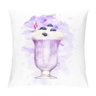 Personality  Watercolour Blueberry Milkshake Hand Drawn Illustration On Pink Paint Splashes Pillow Covers