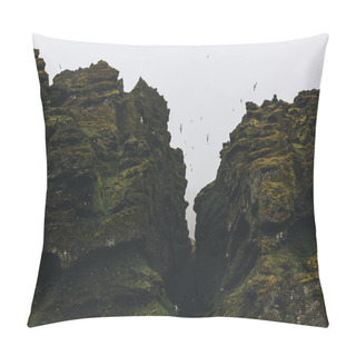 Personality  Bottom View Of Seagulls Flying Around Mossy Rocks Against Cloudy Sky In Iceland Pillow Covers