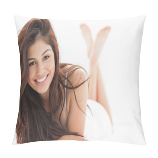 Personality  Woman Lying Down With Her Legs Crossed And Raised, Smiling With Pillow Covers