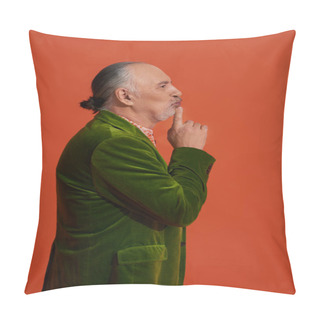 Personality  Side View Of Pensive Senior Man Pointing With Finger At Pouting Lips While Thinking On Red Orange Background, Grey Hair And Beard, Trendy Casual Style, Green Velour Blazer, Fashion And Age Concept Pillow Covers