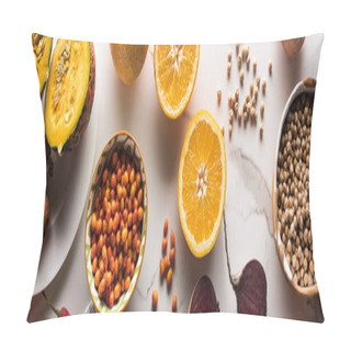 Personality  Panoramic Shot Of Bowls With Chickpea And Berries Near Raw Fruit And Vegetables On Marble Surface Pillow Covers