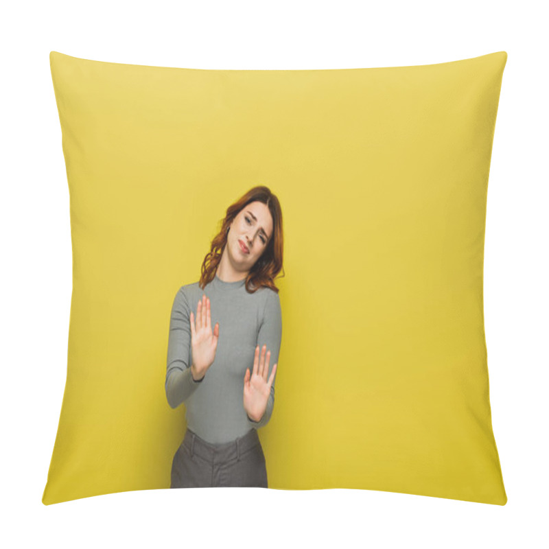 Personality  Dissatisfied Woman Looking At Camera While Showing Stop Gesture On Yellow Pillow Covers