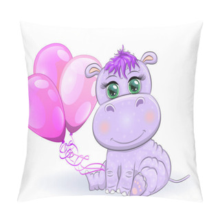 Personality  Cute Cartoon Hippo With Beautiful Eyes With Balloons, A Boy And A Girl. Greeting Card, Baby Shower Invitation Card Pillow Covers
