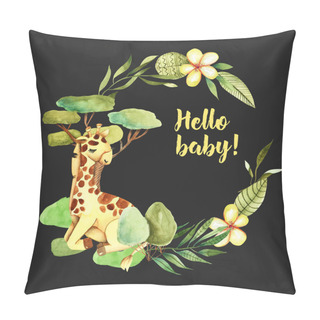 Personality  Wreath With Watercolor Cute Giraffe, Flowers And Floral Elements, Baby Shower Card Design, Hand Painted On A Dark Background Pillow Covers