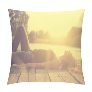Personality  Vintage Photo Of Relaxing Young Woman On Wooden Pier At The Lake In Sunset Pillow Covers