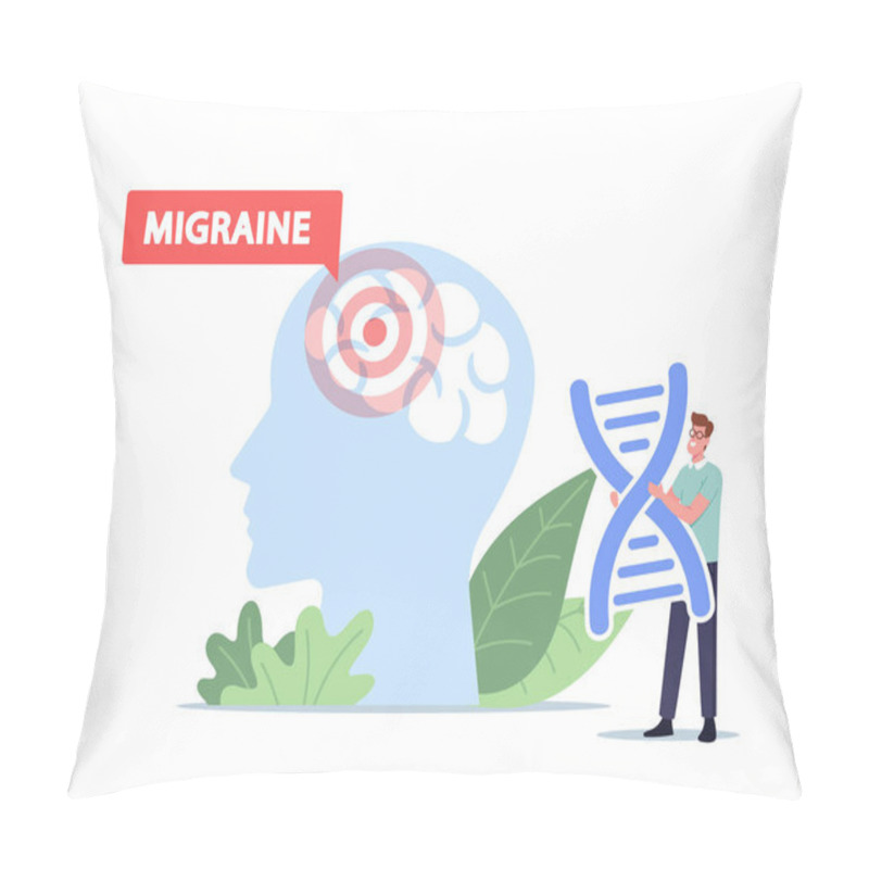 Personality  Stress, Headache Migraine Fatigue Concept. Tiny Male Character Hold Huge DNA Spiral At Human Head With Red Area In Brain Pillow Covers