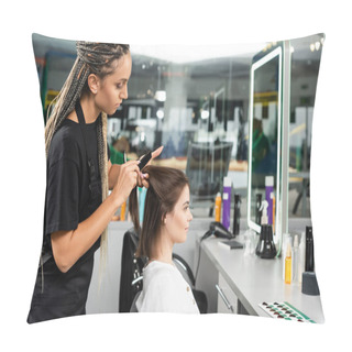 Personality  Salon Job, Beauty Worker With Braids Brushing Hair Of Woman, Professional Hair Clip, Comb, Hairstyling, Hair Treatment, Hairdo, Extension, Salon Customer, Beauty Profession, Side View  Pillow Covers