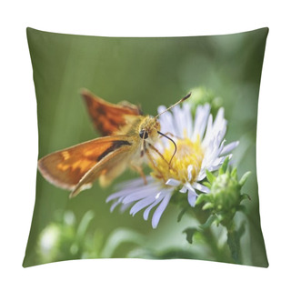 Personality  A Common Skipper Butterfly Sipping Nectar From A Tiny Flower  Pillow Covers
