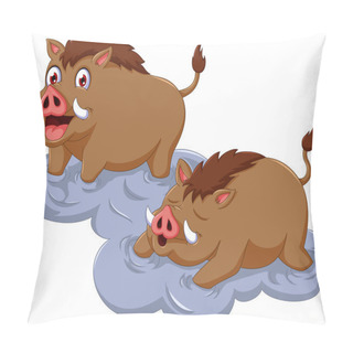 Personality  Funny Wild Boar Cartoon Sitting With Her Baby Pillow Covers