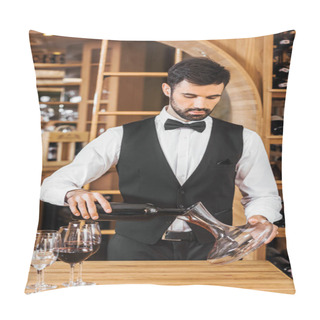 Personality  Handsome Young Wine Steward Pouring Wine Into Decanter At Wine Store Pillow Covers