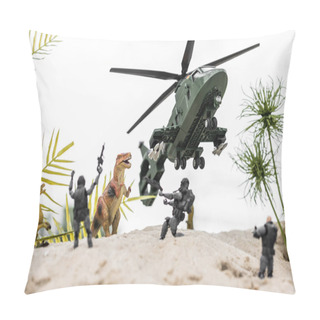 Personality  Selective Focus Of Plastic Soldiers Aiming At Toy Dinosaurs On Sand Dune With Helicopter In Sky Pillow Covers