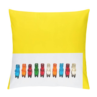 Personality  Top View Of Row From Gummy Bears On White And Yellow Pillow Covers