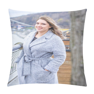 Personality A Woman Of Plus Size, American Or European Appearance Walks In The City Enjoying Life. A Young Lady With Excess Weight, Stylishly Dressed In Coat At The Center Of The City. Natural Beauty Pillow Covers